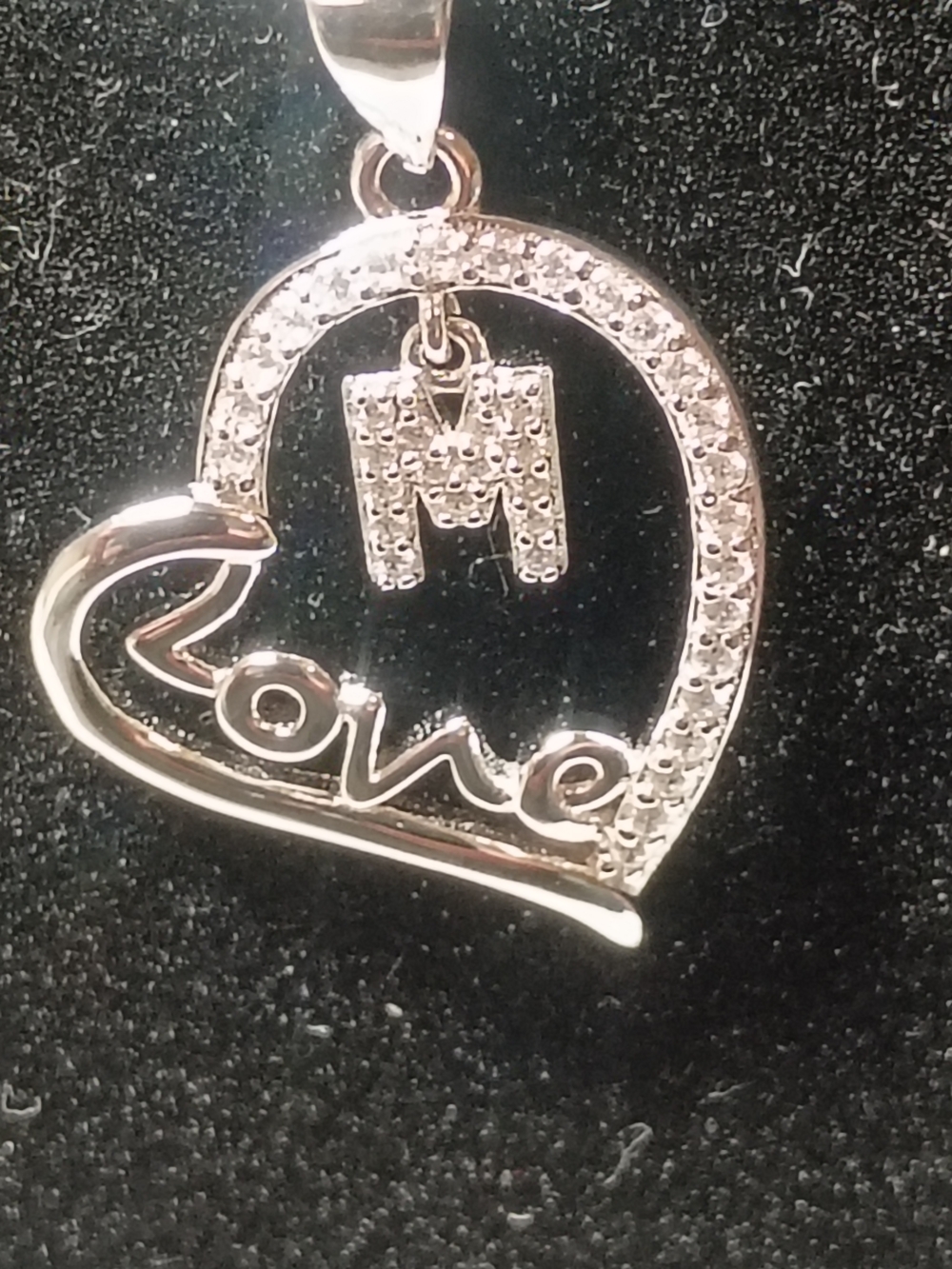 Silver 925 Heart 'Love' Pendant Necklace with 'M' Initial Charm - Silver - Picture 2 of 2